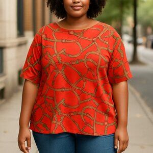 LAUREN by Ralph Lauren Boat Neck Cotton Pullover -Horse But Pattern 2XL